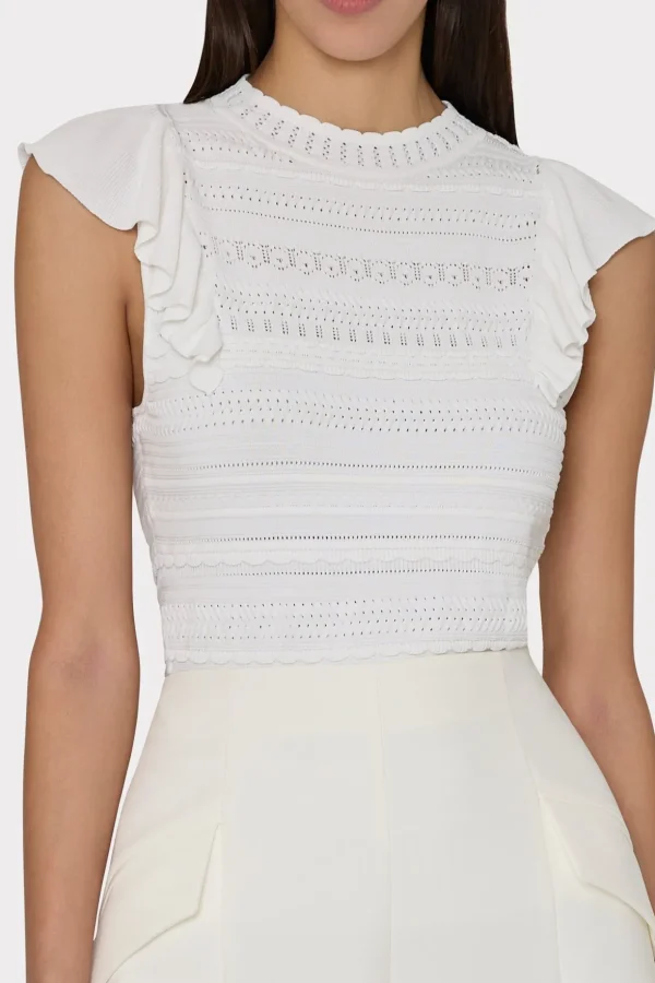 Tops-MILLY Knit Pointelle Flutter Sleeve Top Ecru
