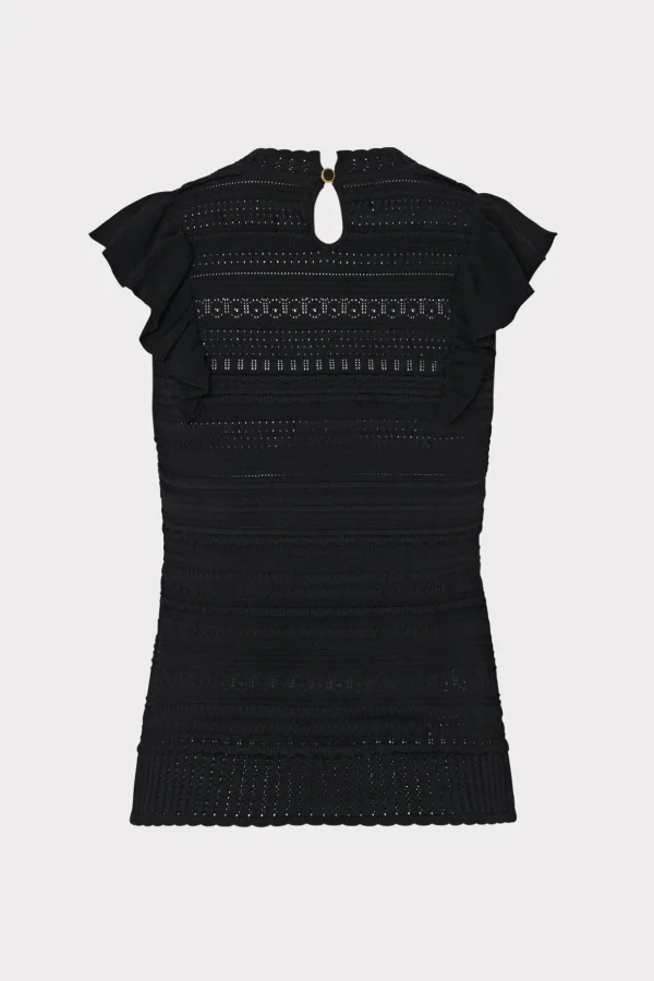 Tops-MILLY Knit Pointelle Flutter Sleeve Top Black