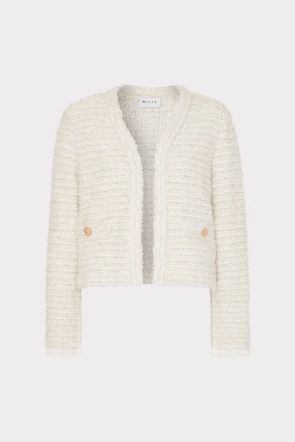Jumpsuits & Rompers-MILLY Knit Textured Boucle Cardigan Jacket Ecru Multi
