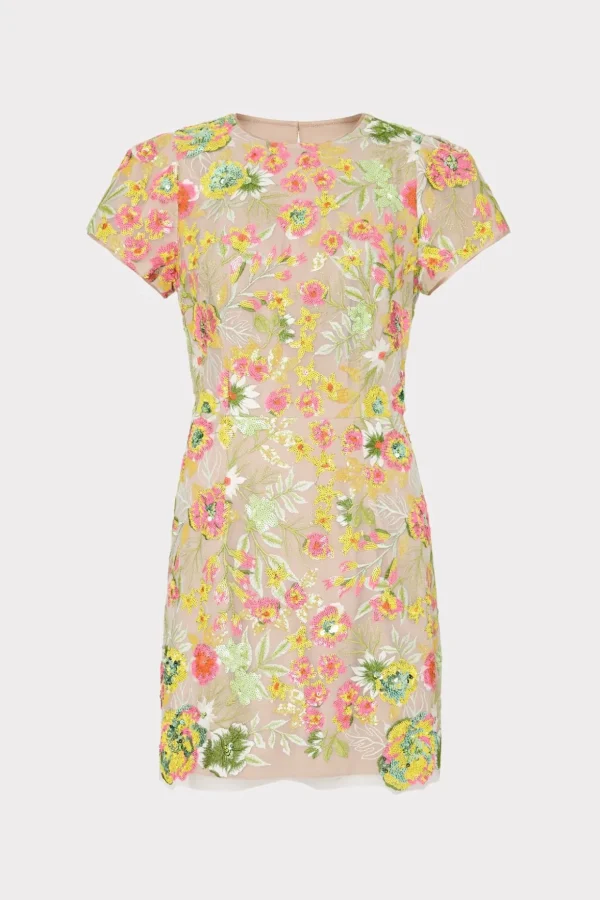 Cocktail Dresses-MILLY Kyla Botanical Petals Sequins Dress Green Multi