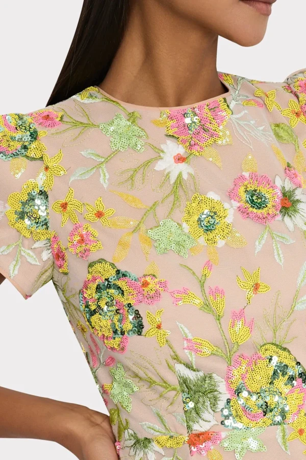 Cocktail Dresses-MILLY Kyla Botanical Petals Sequins Dress Green Multi