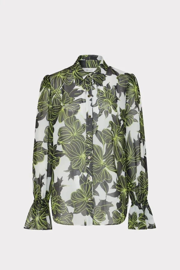 Tops-MILLY Lacey Sea Of Petals Top Chartreuse/Black