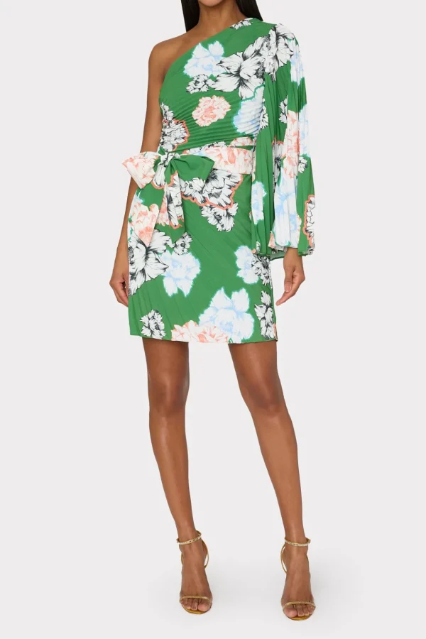 Mini Dresses-MILLY Linden Petals In Bloom Pleated Dress Green Multi