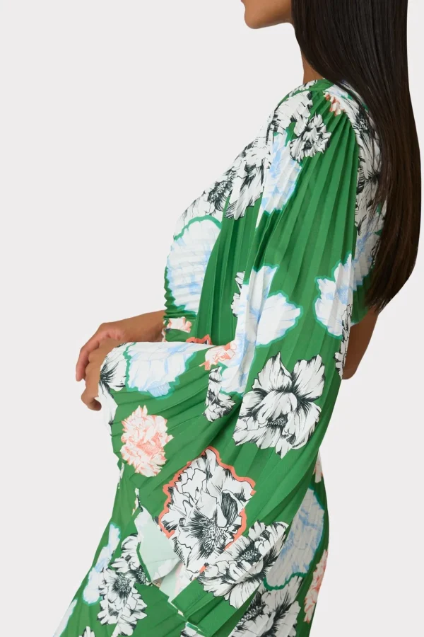Mini Dresses-MILLY Linden Petals In Bloom Pleated Dress Green Multi