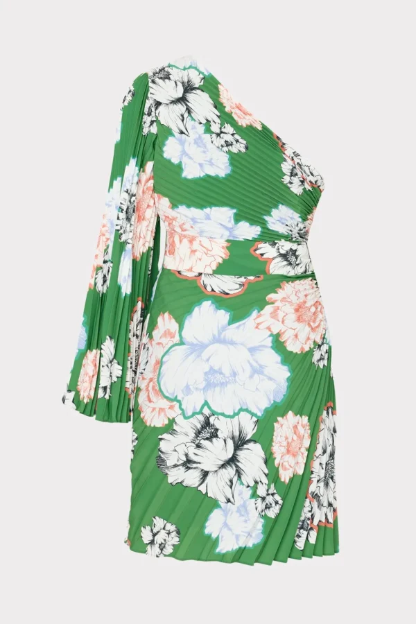Mini Dresses-MILLY Linden Petals In Bloom Pleated Dress Green Multi
