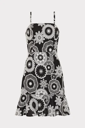 Day Dresses-MILLY Linen Embroidered Dress Black/White