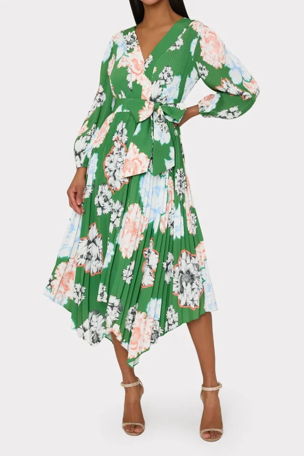 Cocktail Dresses-MILLY Liora Petals In Bloom Pleated Dress Green Multi