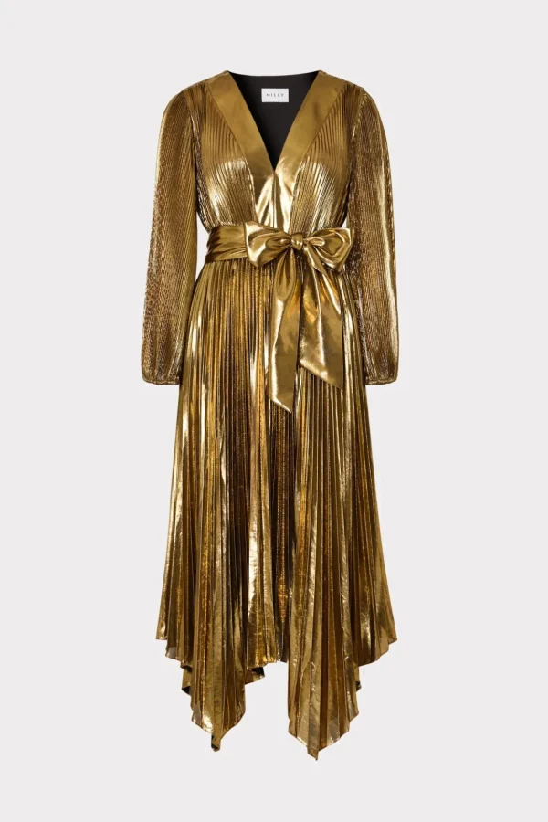 Maxi Dresses-MILLY Liora Pleated Lame Dress Gold