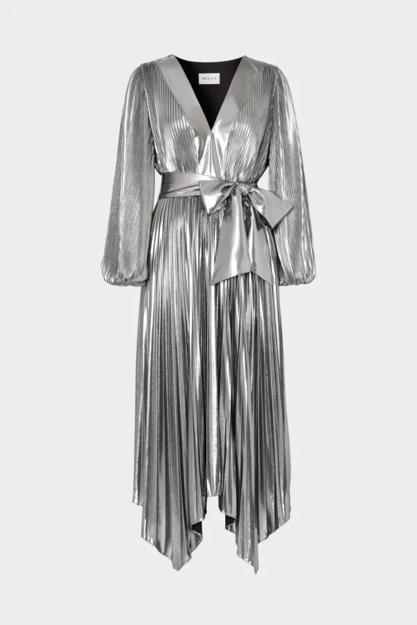 liora_pleated_lame_dress_0.webp Maxi Dresses-MILLY Liora Pleated Lame Dress Silver