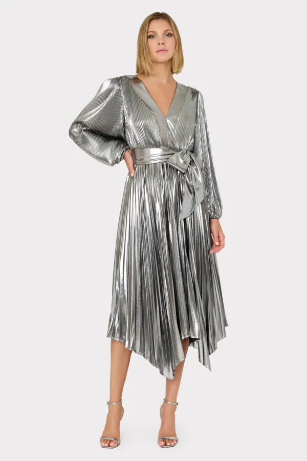 liora_pleated_lame_dress_1.webp Maxi Dresses-MILLY Liora Pleated Lame Dress Silver