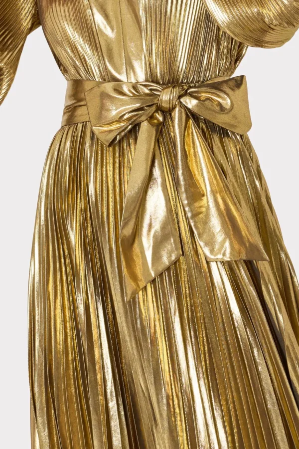 Maxi Dresses-MILLY Liora Pleated Lame Dress Gold