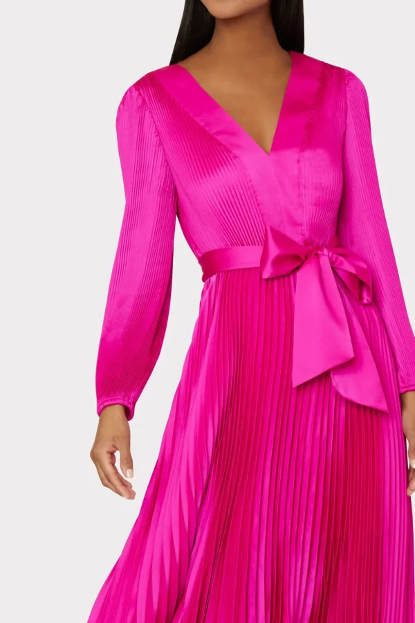 Pink Dresses-MILLY Liora Satin Pleated Dress Fuchsia