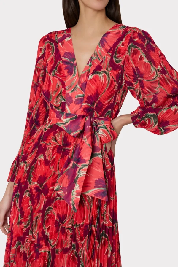 Maxi Dresses-MILLY Liora Windmill Floral Pleated Dress Red Multi