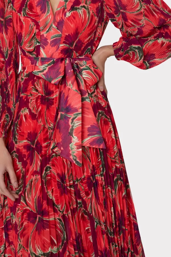 Maxi Dresses-MILLY Liora Windmill Floral Pleated Dress Red Multi