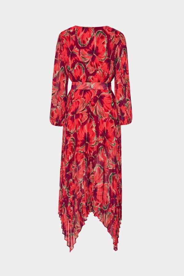 Maxi Dresses-MILLY Liora Windmill Floral Pleated Dress Red Multi