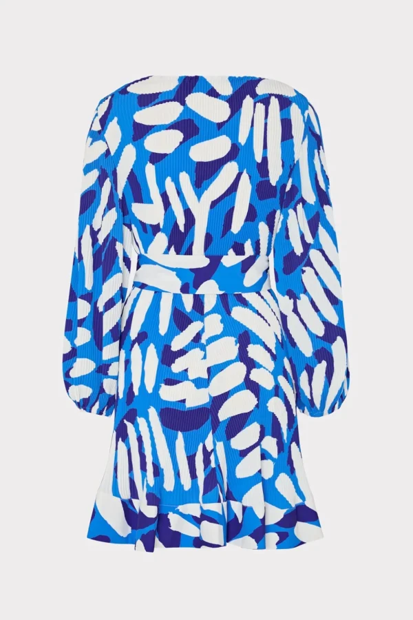 Mini Dresses-MILLY Liv Brushstroke Pleated Dress Blue Multi