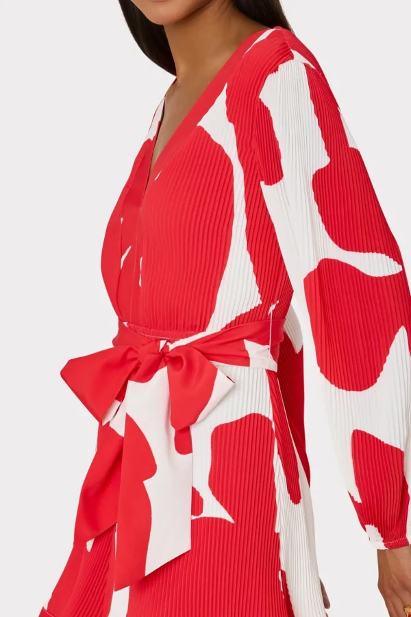 Day Dresses-MILLY Liv Grand Foliage Pleated Dress Red/White