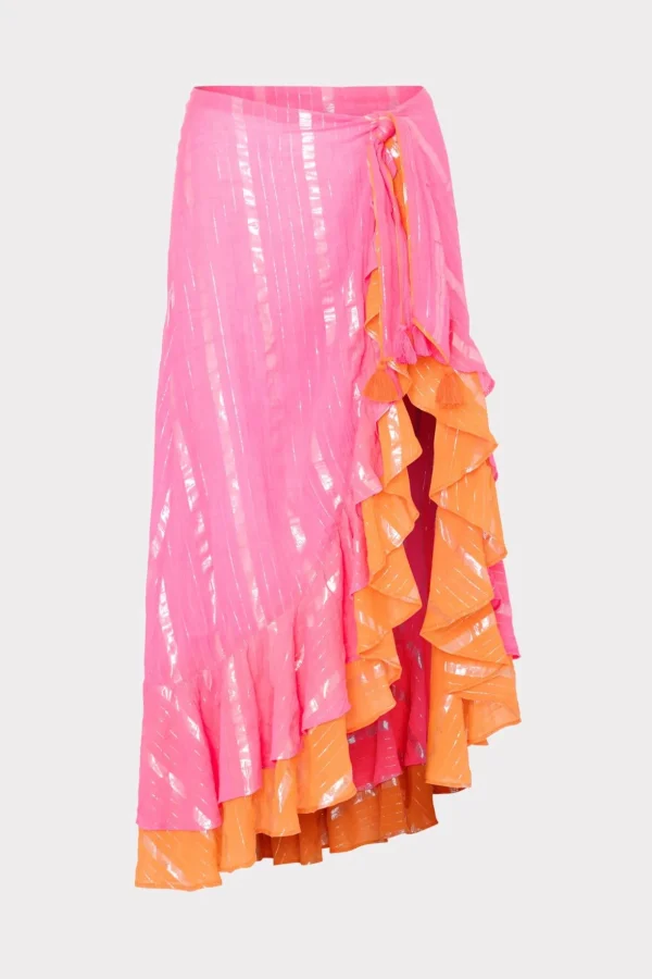 lurex_stripe_ruffle_wrap__0.webp Cover-Ups-MILLY Lurex Stripe Ruffle Wrap Skirt Neon Pink/Orange