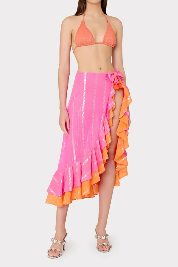 lurex_stripe_ruffle_wrap__1.webp Cover-Ups-MILLY Lurex Stripe Ruffle Wrap Skirt Neon Pink/Orange