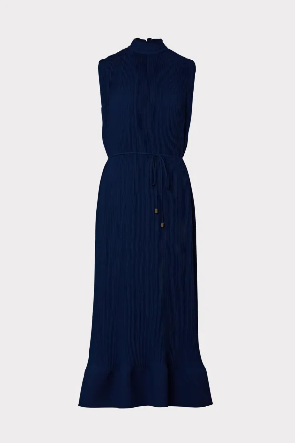 Maxi Dresses-MILLY Melina Solid Pleated Dress Navy