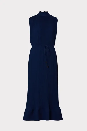 Day Dresses-MILLY Melina Solid Pleated Dress Navy