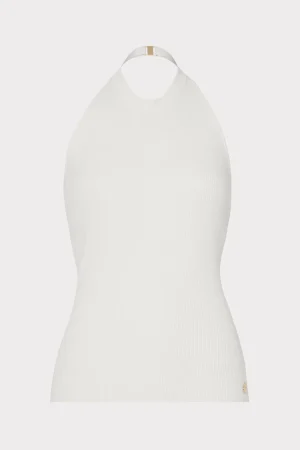 Tops-MILLY Metal Neck Trim Halter Top Ecru
