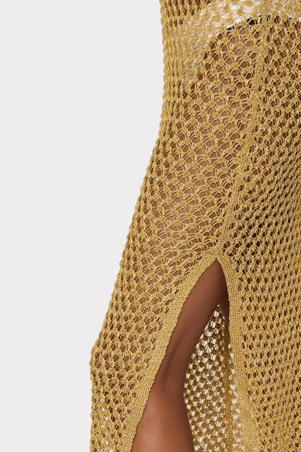 Cover-Ups-MILLY Metallic Mesh V Neck Midi Cover-Up Dress Gold