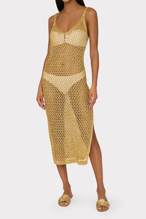 Jumpsuits & Rompers-MILLY Metallic Mesh V Neck Midi Cover-Up Dress Gold