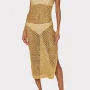 Cover-Ups-MILLY Metallic Mesh V Neck Midi Cover-Up Dress Gold