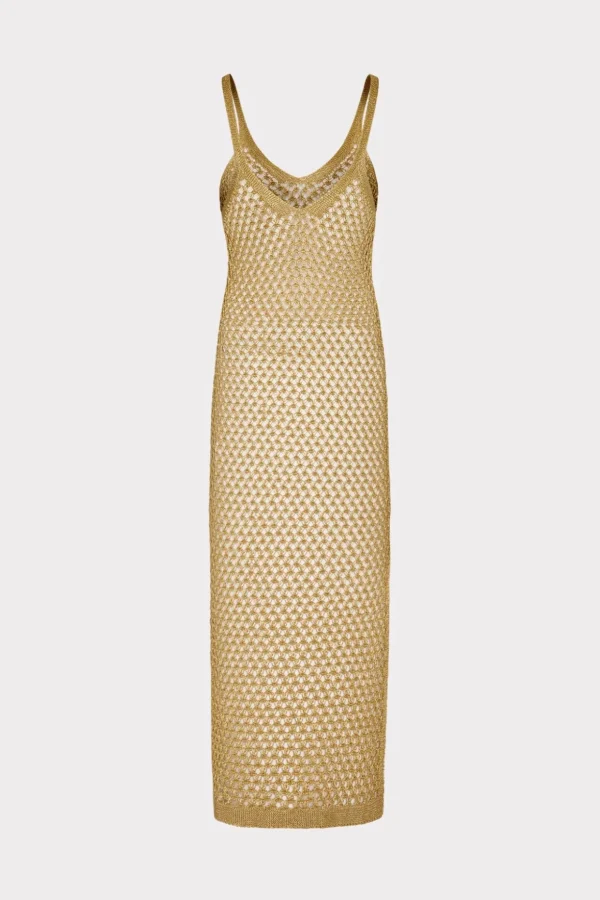 Jumpsuits & Rompers-MILLY Metallic Mesh V Neck Midi Cover-Up Dress Gold