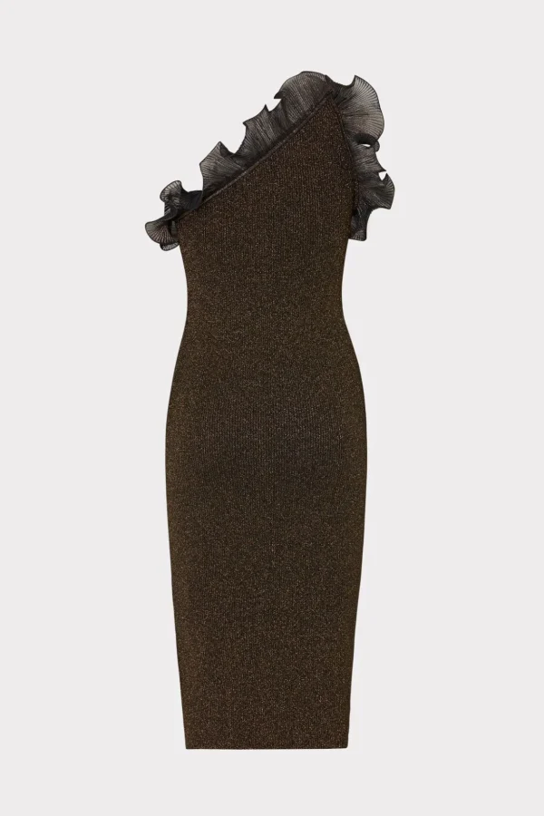 Knit Dresses-MILLY Metallic Scallop Ruffle One Shoulder Dress Gold