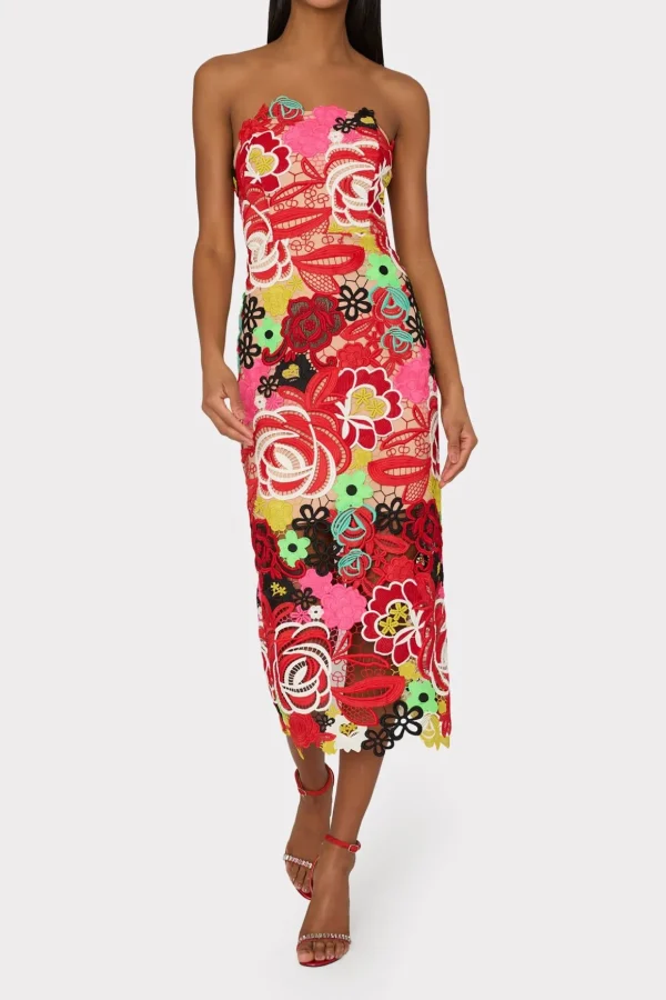 Evening Gowns-MILLY Multi Color Lace Dress Red Multi