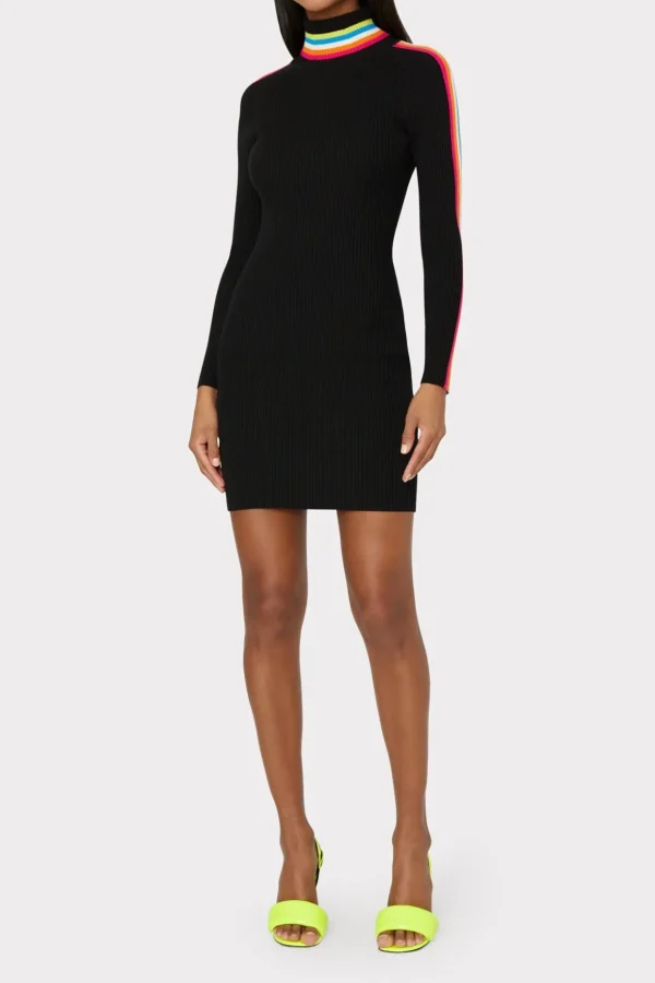 Knit Dresses-MILLY Multi Color Racer Stripe Mini Dress Black Multi