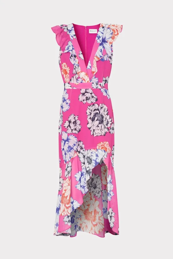 Cocktail Dresses-MILLY Nanci Petals In Bloom Ruffle Dress Pink Multi