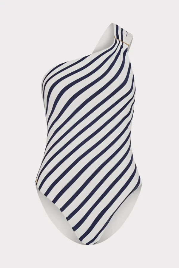 Jumpsuits & Rompers-MILLY Nautical Stripe One Shoulder One Piece Navy/White