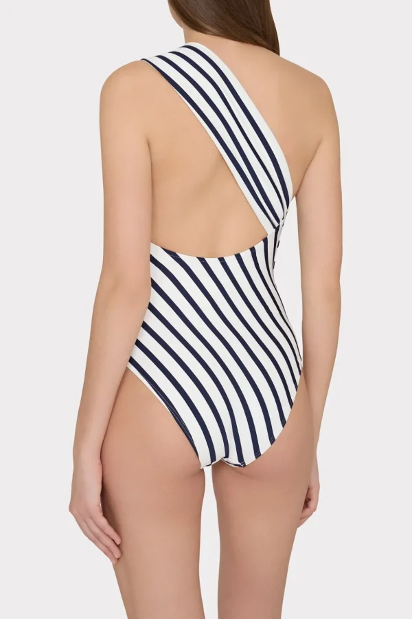 One Piece Swimsuits-MILLY Nautical Stripe One Shoulder One Piece Navy/White