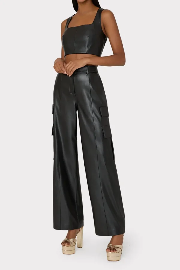Matching Sets-MILLY Nickie Vegan Leather Crop Top Black