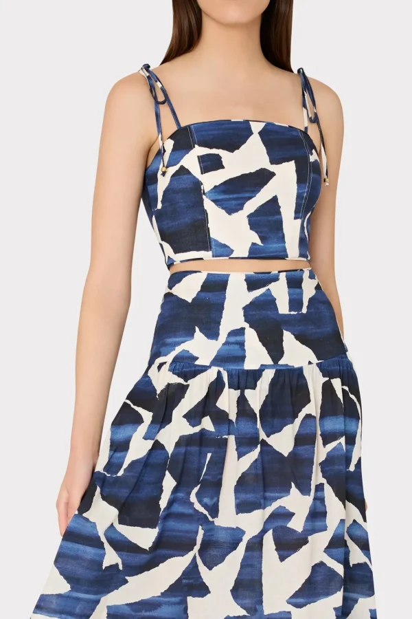 Cover-Ups-MILLY Ocean Puzzle Viscose Linen Tie Top Navy Multi