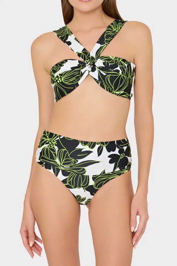 olivia_sea_of_petals_drap_1.webp Bikinis-MILLY Olivia Sea Of Petals Draped Bandeau Top Chartreuse/Black