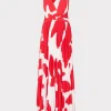 Maxi Dresses-MILLY Oria Grand Foliage Pleated Dress Red/White