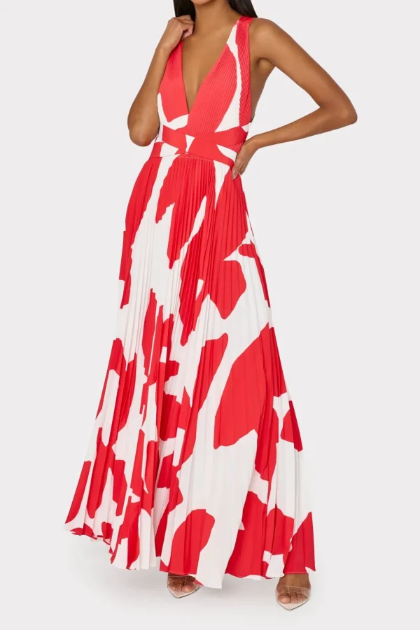 oria_grand_foliage_pleate_1-3.webp Cocktail Dresses-MILLY Oria Grand Foliage Pleated Dress Red/White