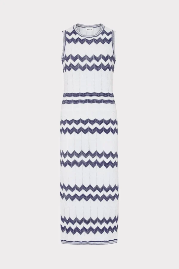 Knit Dresses-MILLY Oversized Zig Zag Midi Dress Navy/Ecru