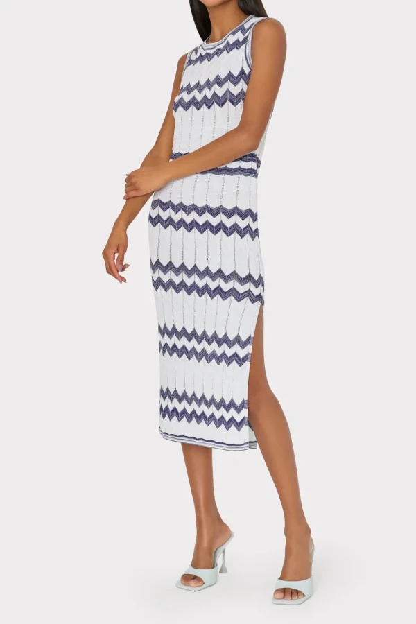Knit Dresses-MILLY Oversized Zig Zag Midi Dress Navy/Ecru