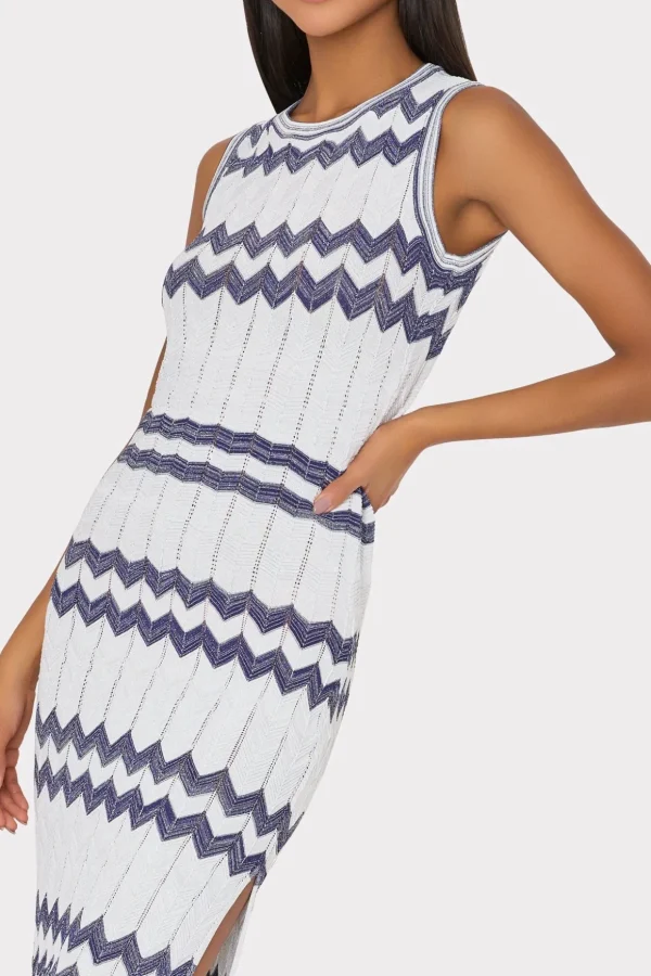 Knit Dresses-MILLY Oversized Zig Zag Midi Dress Navy/Ecru