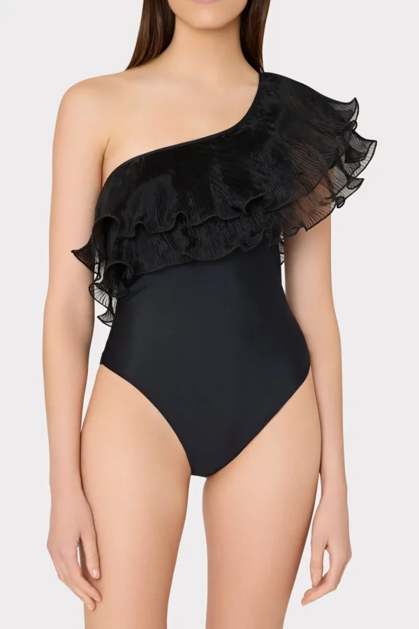 pleated_organza_one_shoul_1.webp One Piece Swimsuits-MILLY Pleated Organza One Shoulder One Piece Black