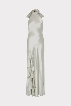 Evening Gowns-MILLY Roux Hammered Satin Gown Silver
