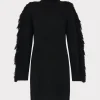 Little Black Dresses-MILLY Rowe Fringe Sleeve Turtleneck Mini Dress Black