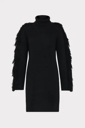 Little Black Dresses-MILLY Rowe Fringe Sleeve Turtleneck Mini Dress Black