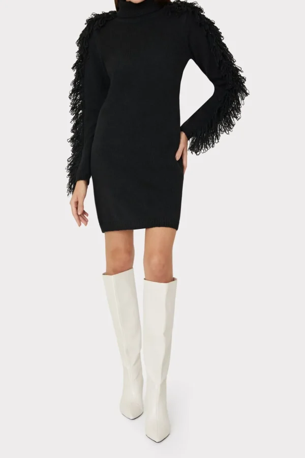 rowe_fringe_sleeve_turtle_1-1.webp Sweaters & Knits-MILLY Rowe Fringe Sleeve Turtleneck Mini Dress Black