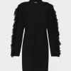 Little Black Dresses-MILLY Rowe Fringe Sleeve Turtleneck Mini Dress Black